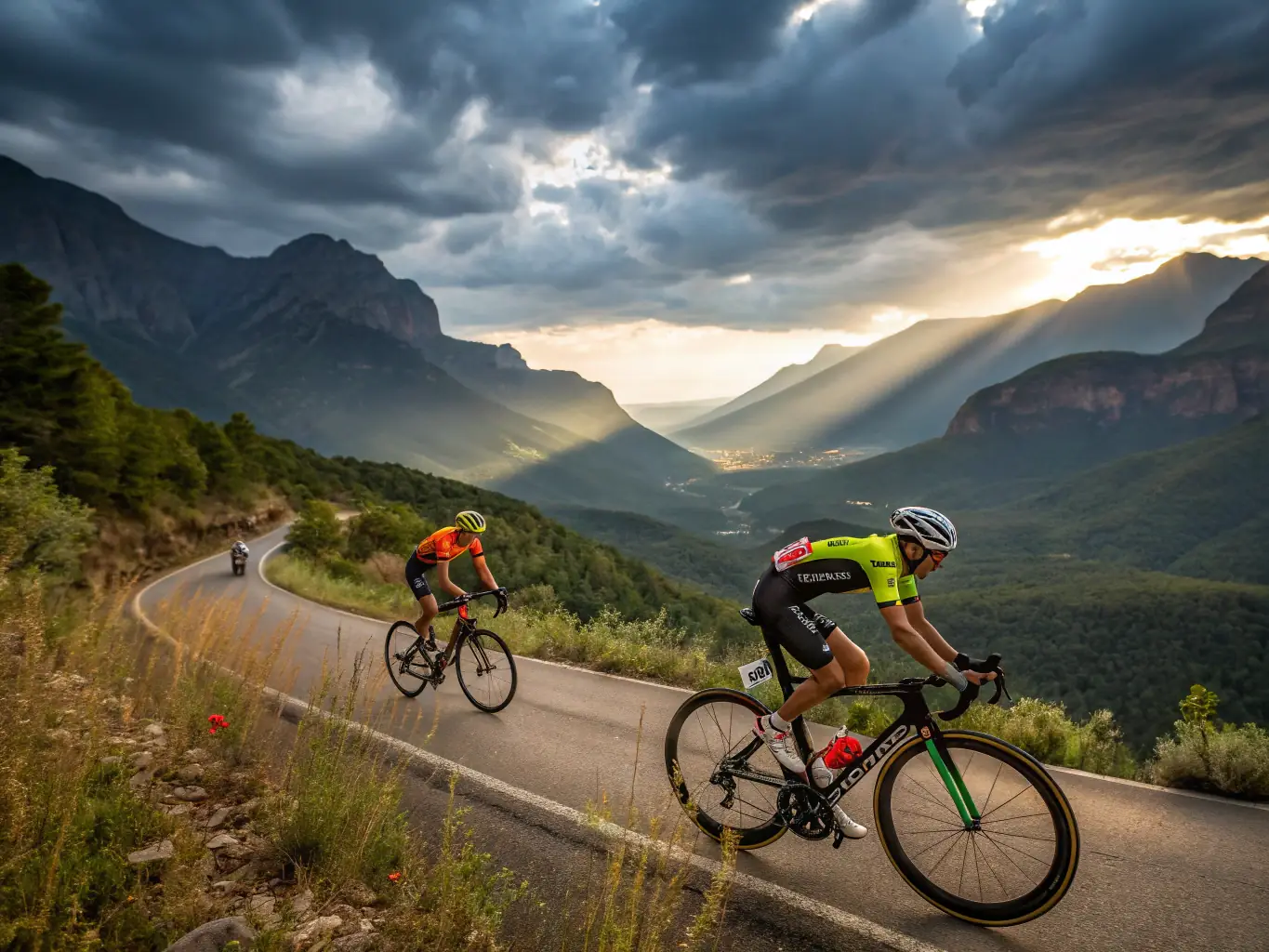 A picture of cyclists participating in a competitive cycling race, highlighting the speed, skill, and excitement of VCSA VELO CLUB SANSAC ARPAJON racing events.