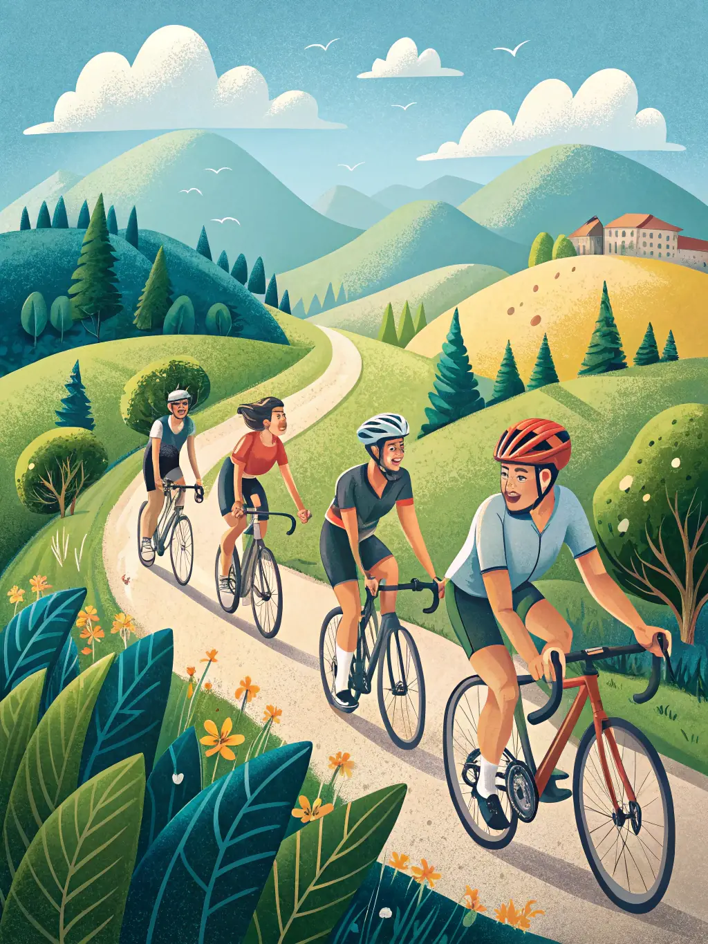 A vibrant scene from a VCSA VELO CLUB SANSAC ARPAJON-organized cycling event, showcasing participants of all ages competing and enjoying the camaraderie.