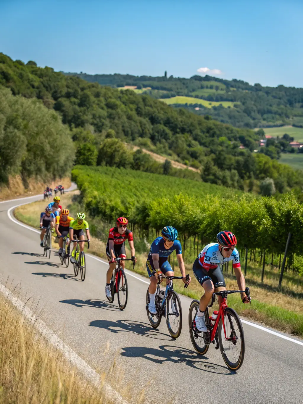 A group of cyclists of varying ages and abilities participating in a guided tour through the scenic countryside near Sansac Arpajon, France, with the VCSA VELO CLUB SANSAC ARPAJON logo subtly visible on their jerseys.