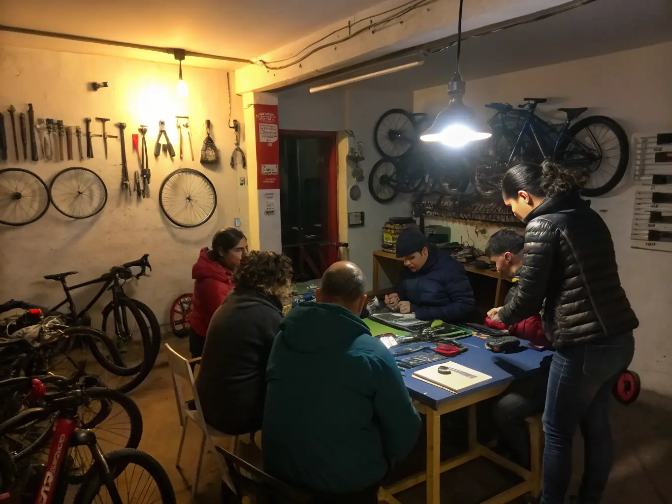 A lively scene from a cycling workshop, showing participants learning about bike maintenance and safety, highlighting the educational aspect of VCSA VELO CLUB SANSAC ARPAJON's activities.