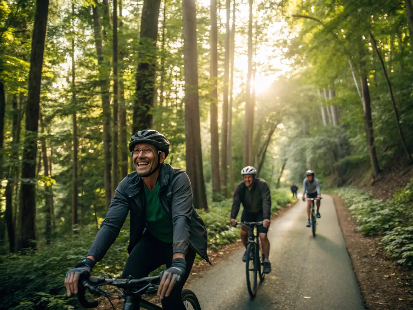 A group of cyclists riding through a sunny, tree-lined path, showcasing the joy and camaraderie of group cycling with VCSA VELO CLUB SANSAC ARPAJON.