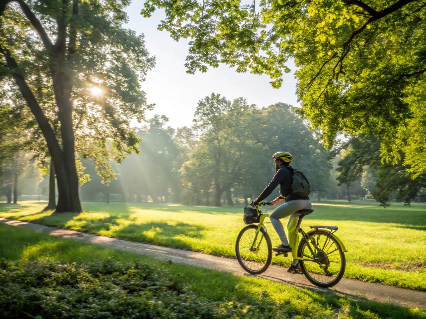 A cyclist smiling as they ride through a local park, highlighting the environmental benefits and personal satisfaction of cycling as a mode of transportation.