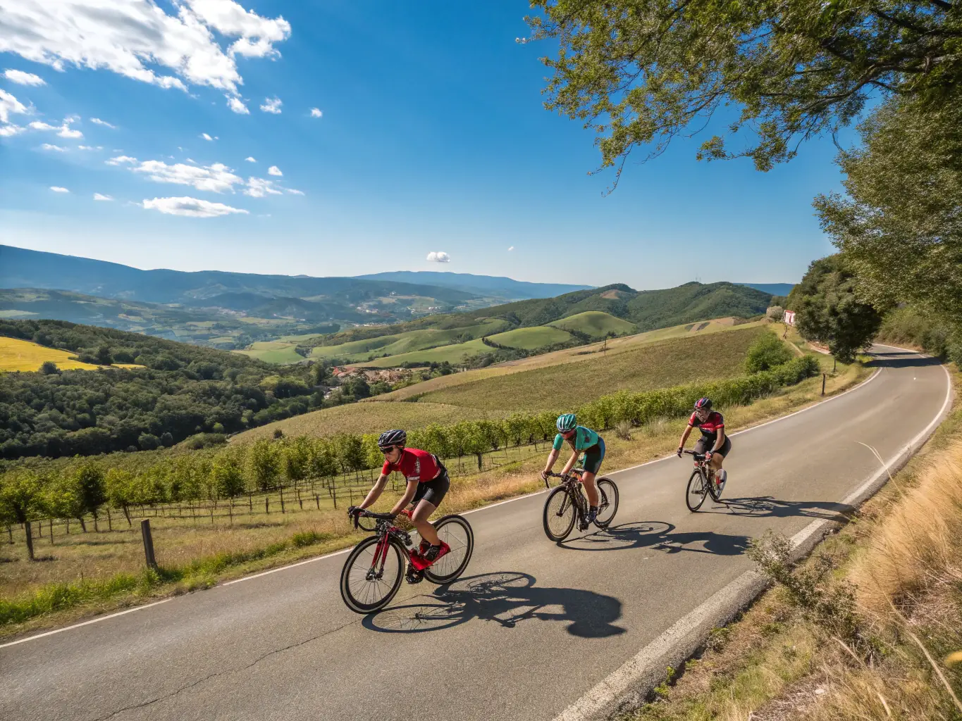 A dynamic shot of cyclists participating in a group ride through the French countryside, showcasing the energy and camaraderie of VCSA VELO CLUB SANSAC ARPAJON's community cycling program.