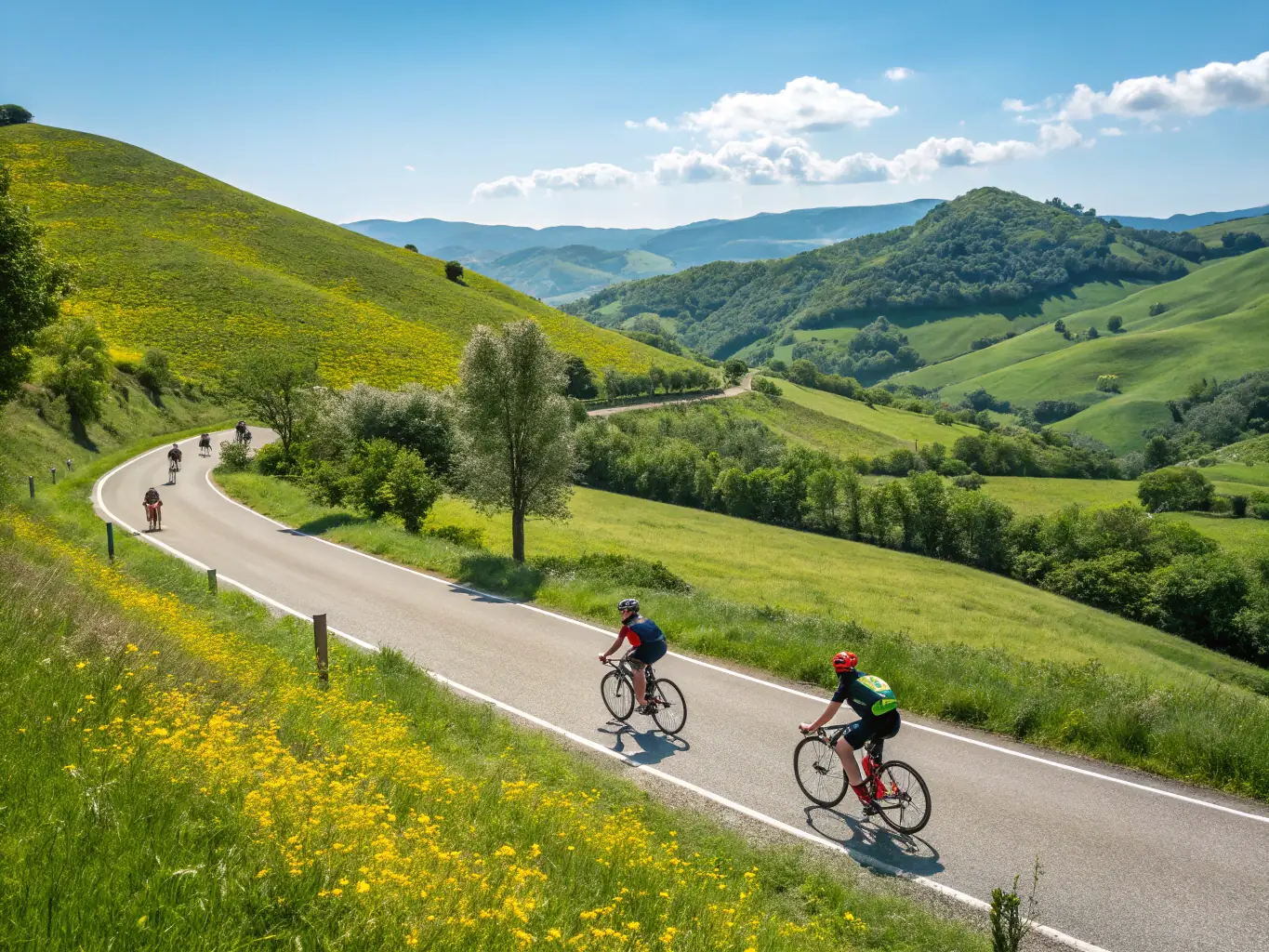 A photograph of cyclists participating in a group ride through the French countryside, showcasing the scenic beauty and camaraderie of VCSA VELO CLUB SANSAC ARPAJON events.